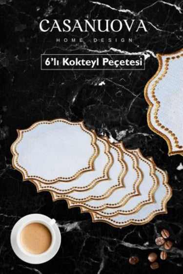 6'lı Keten Efektli Oymalı Kokteyl Peçetesi Altın Sim
