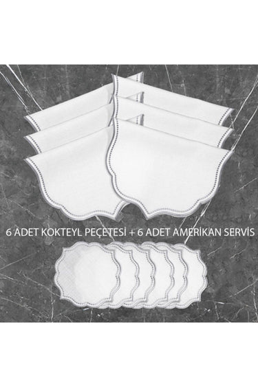 12 Parça Keten Efektli Lisa Kokteyl Peçetesi & Amerikan Servis Seti Gri