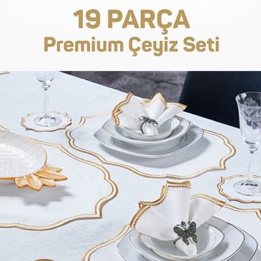 19 Parça Keten Efektli Lisa Masa Seti Altın