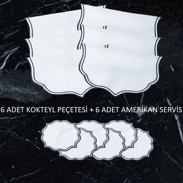 12 Parça Keten Efektli Lisa Kokteyl Peçetesi & Amerikan Servis Seti Siyah