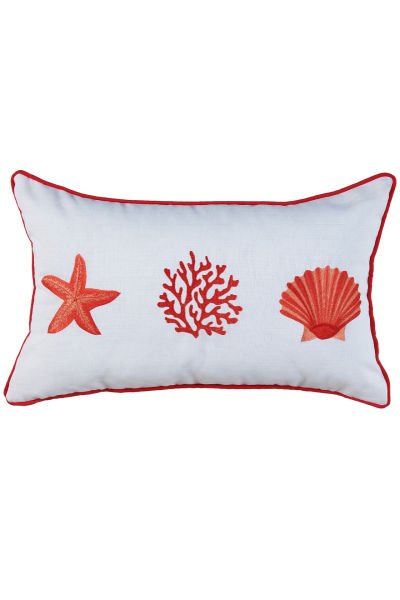 NAKIŞLI YASTIK KILIFI BİYELİ YILDIZ - MERCAN - MİDYE ( EKRU  / KIRMIZI NAKIŞ / 31x50 CM )