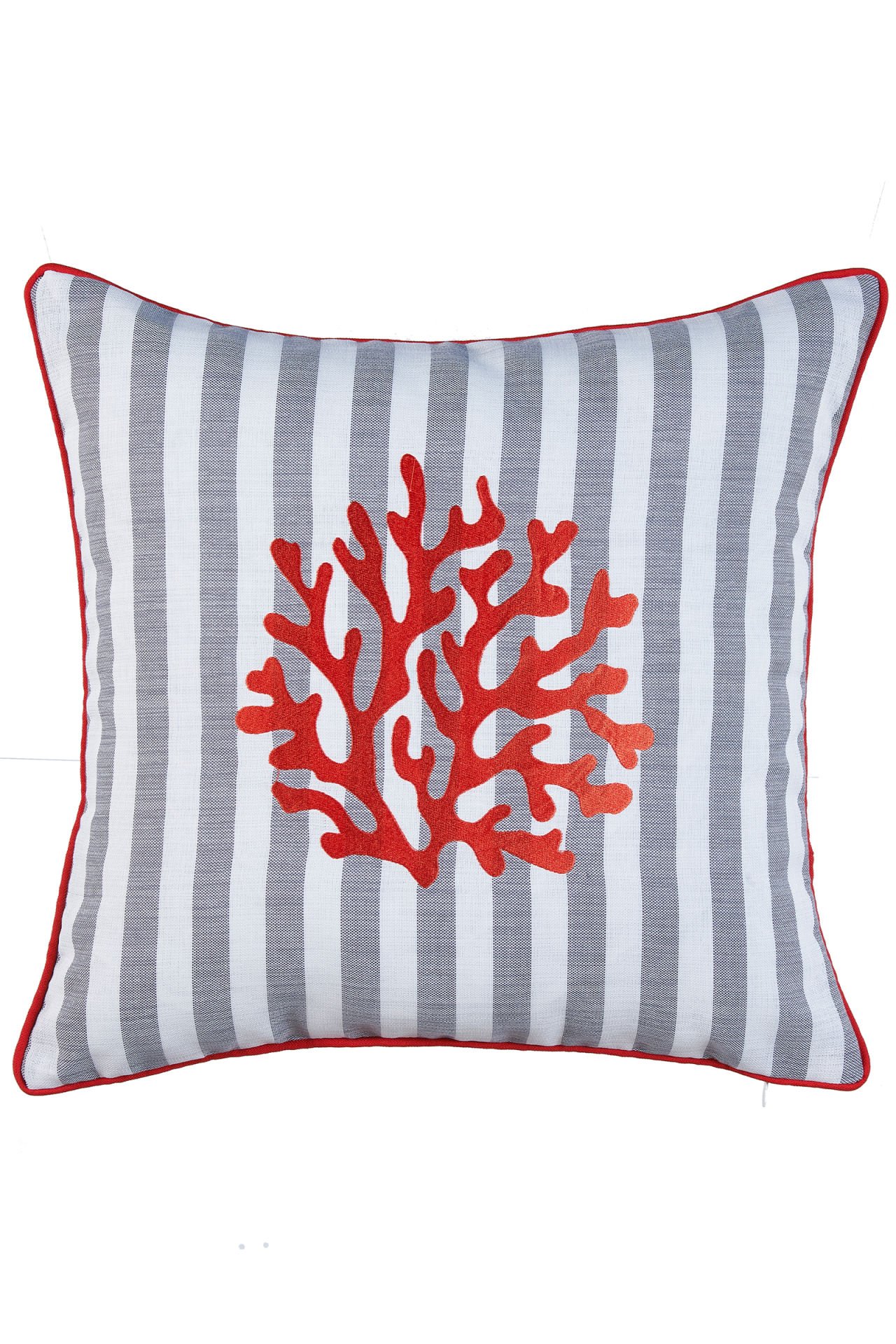 NAKIŞLI YASTIK KILIFI BİYELİ MERCAN (GRİ x EKRU ÇİZGİLİ / KIRMIZI NAKIŞ / 45x45 CM)