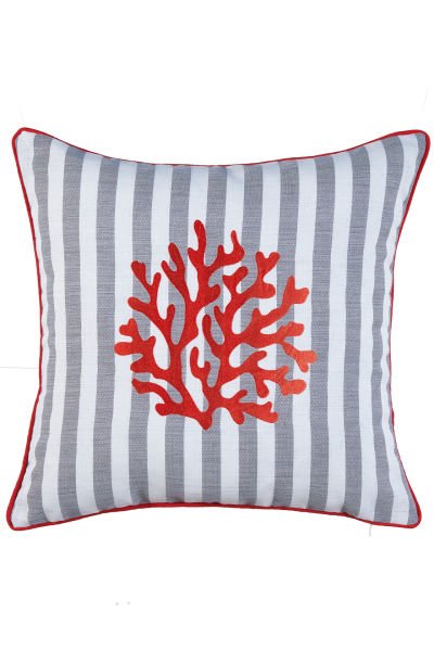 NAKIŞLI YASTIK KILIFI BİYELİ MERCAN (GRİ x EKRU ÇİZGİLİ / KIRMIZI NAKIŞ / 45x45 CM)