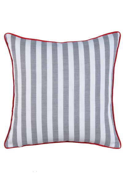 NAKIŞLI YASTIK KILIFI BİYELİ MERCAN (GRİ x EKRU ÇİZGİLİ / KIRMIZI NAKIŞ / 45x45 CM)
