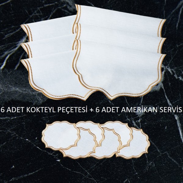 KOKTEYL PEÇETESİ + AMERİKAN SERVİS LİSA NAKIŞLI ( ALTIN ) 12 PARÇA SET