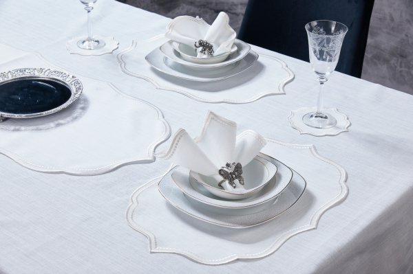 19 PARÇA MASA SETİ  LİSA NAKIŞLI  KETEN EFEKTLİ KREM