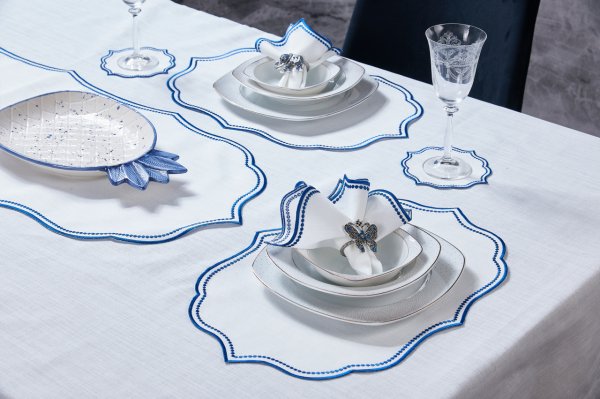 19 PARÇA MASA SETİ  LİSA NAKIŞLI  KETEN EFEKTLİ LACİVERT