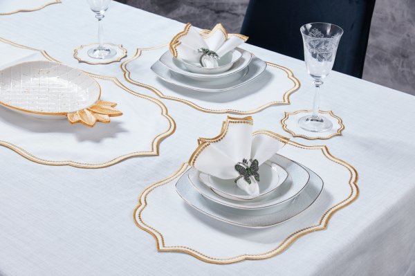 19 PARÇA MASA SETİ  LİSA NAKIŞLI  KETEN EFEKTLİ ALTIN