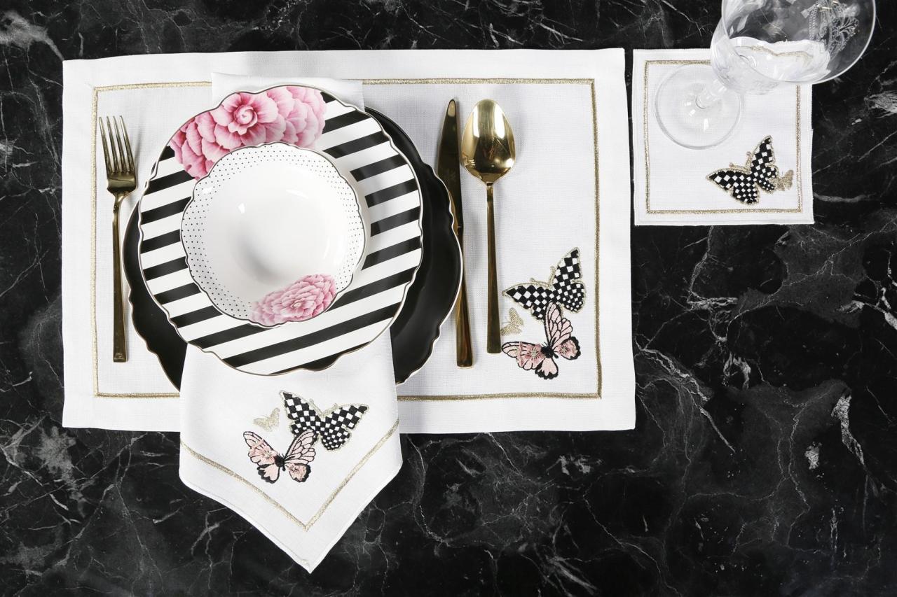 2 Lİ AMERİKAN SERVİS DAMALI KELEBEK  NAKIŞLI KETEN EFEKTLİ GOLD SİM - PUDRA