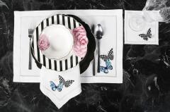 2 Lİ  PEÇETE MORİPOSA  NAKIŞLI KETEN EFEKTLİ KREM SİM - TURKUAZ