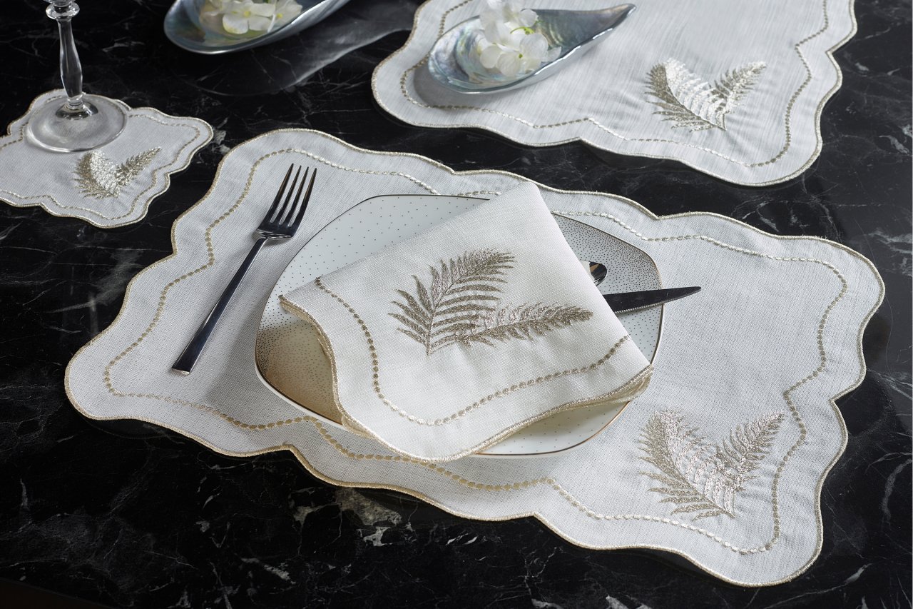 2 Lİ AMERİKAN SERVİSİ YAPRAK NAKIŞLI KETEN EFEKTLİ KREM SİM