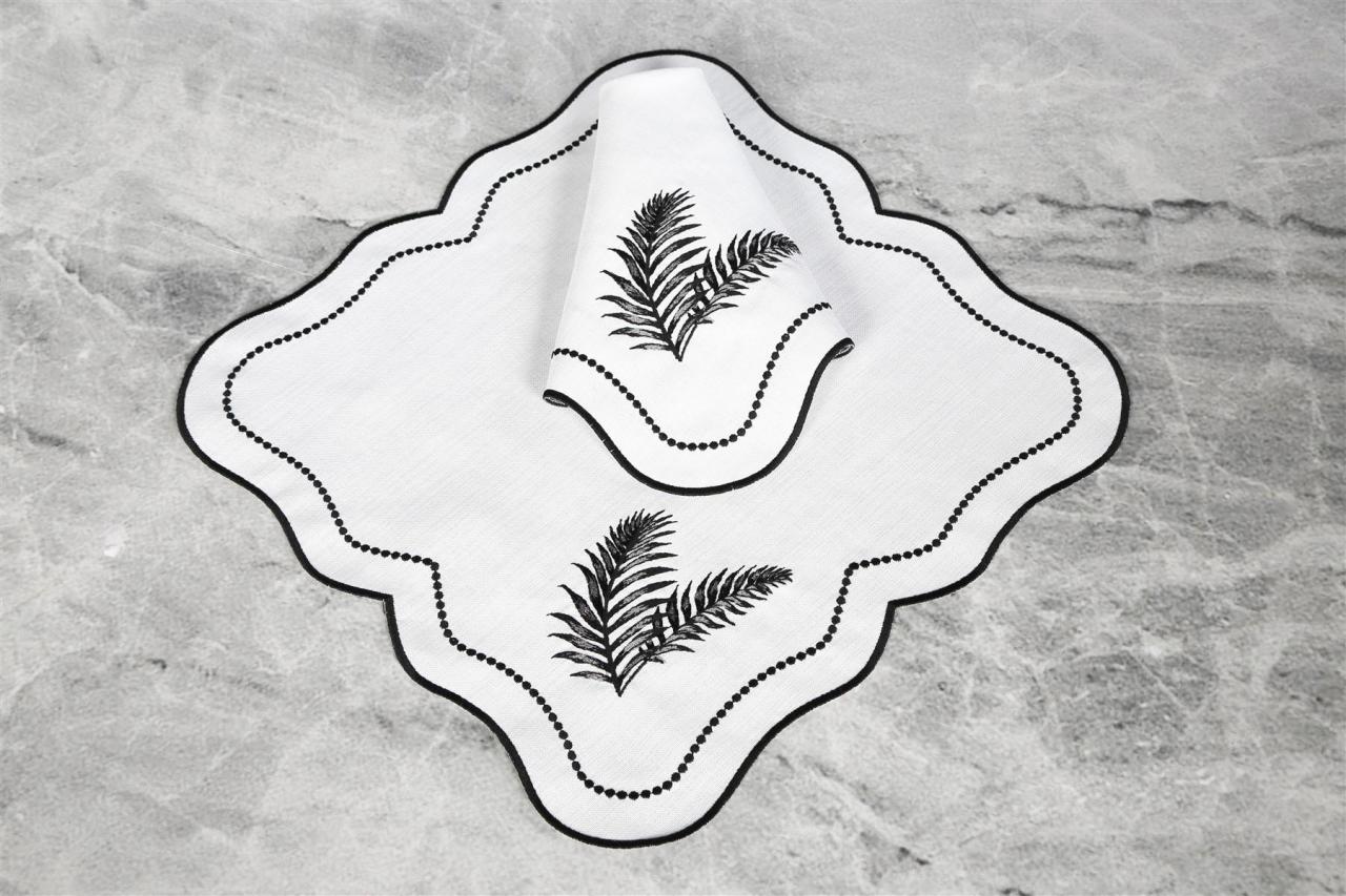 2 Lİ PEÇETE YAPRAK NAKIŞLI KETEN EFEKTLİ SİYAH