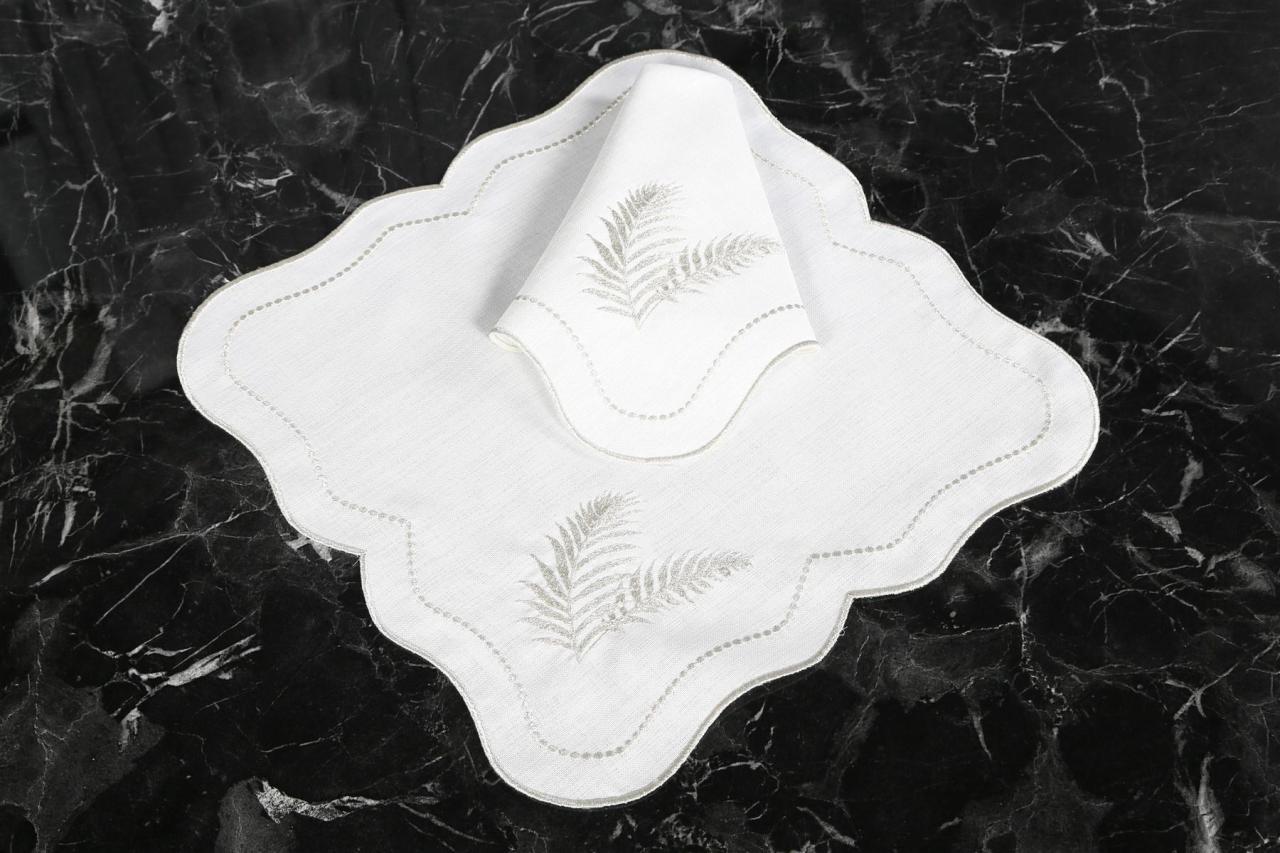 2 Lİ PEÇETE YAPRAK NAKIŞLI KETEN EFEKTLİ KREM SİM