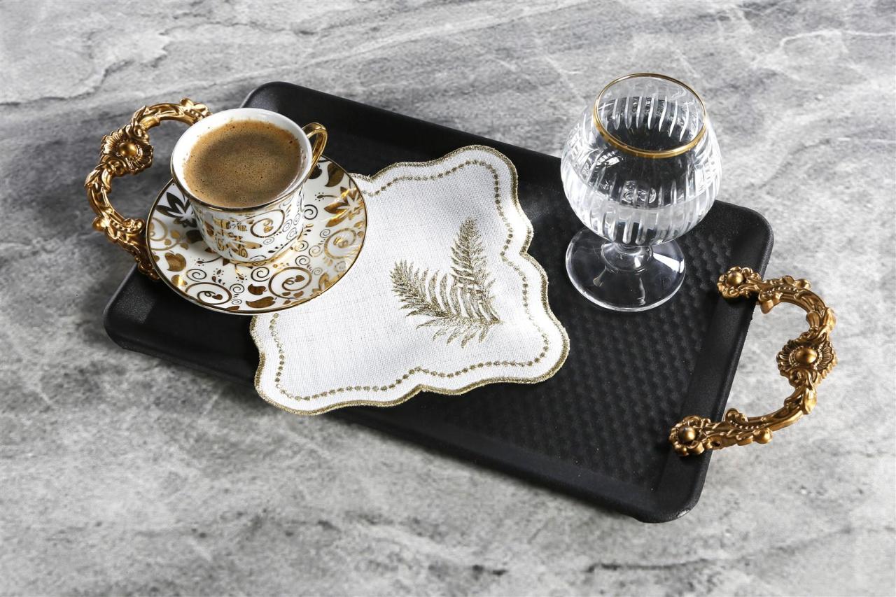 6 Lİ KOKTEYL PEÇETE YAPRAK NAKIŞLI KETEN EFEKTLİ ALTIN SİM