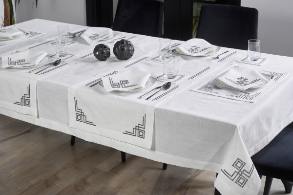 17 PARÇA MASA ÖRTÜSÜ SETİ  VALERİE NAKIŞLI  KETEN EFEKTLİ SİLVER SİM