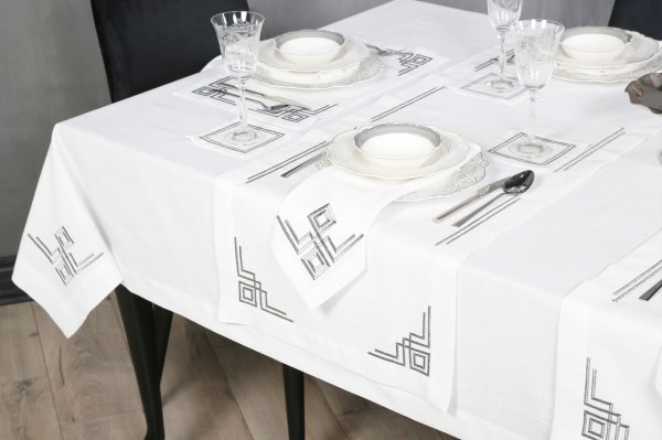17 PARÇA MASA ÖRTÜSÜ SETİ  VALERİE NAKIŞLI  KETEN EFEKTLİ SİLVER SİM