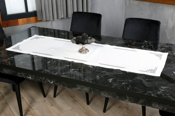 17 PARÇA MASA ÖRTÜSÜ SETİ  VALERİE NAKIŞLI  KETEN EFEKTLİ SİLVER SİM