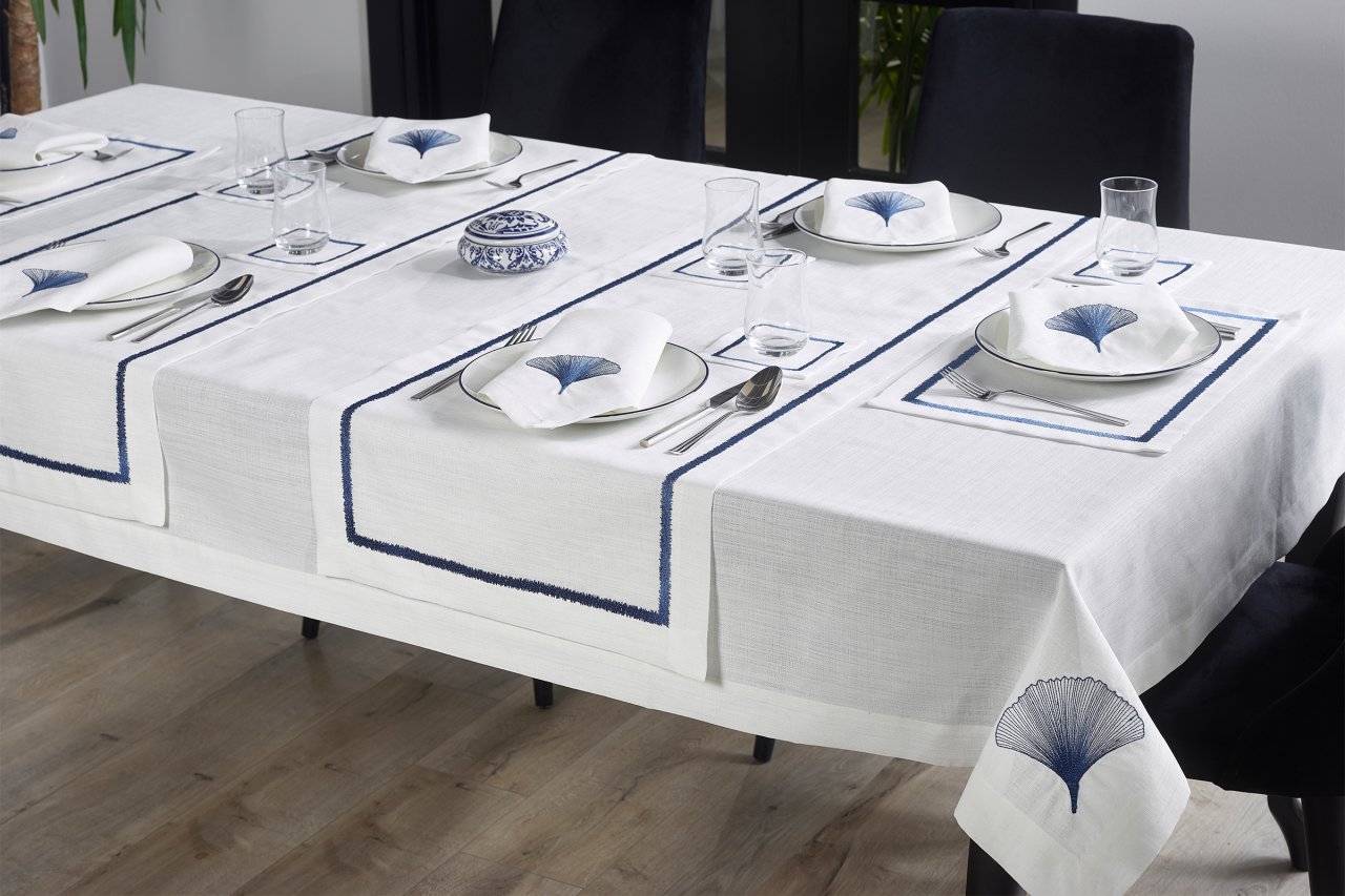 17 PARÇA MASA ÖRTÜSÜ SETİ İRİS NAKIŞLI  KETEN EFEKTLİ LACİVERT
