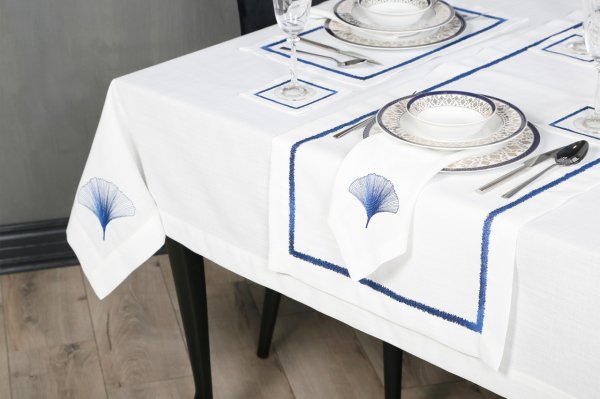 17 PARÇA MASA ÖRTÜSÜ SETİ İRİS NAKIŞLI  KETEN EFEKTLİ LACİVERT