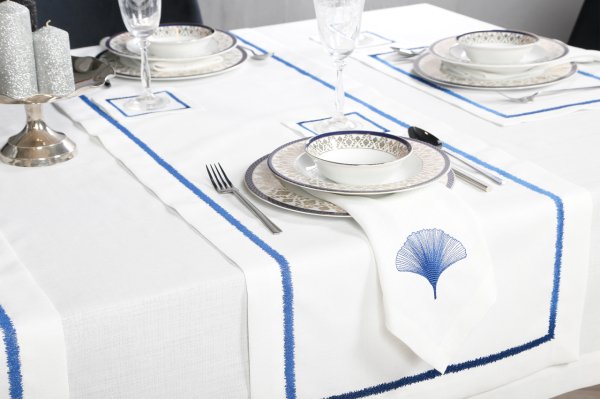 17 PARÇA MASA ÖRTÜSÜ SETİ İRİS NAKIŞLI  KETEN EFEKTLİ LACİVERT