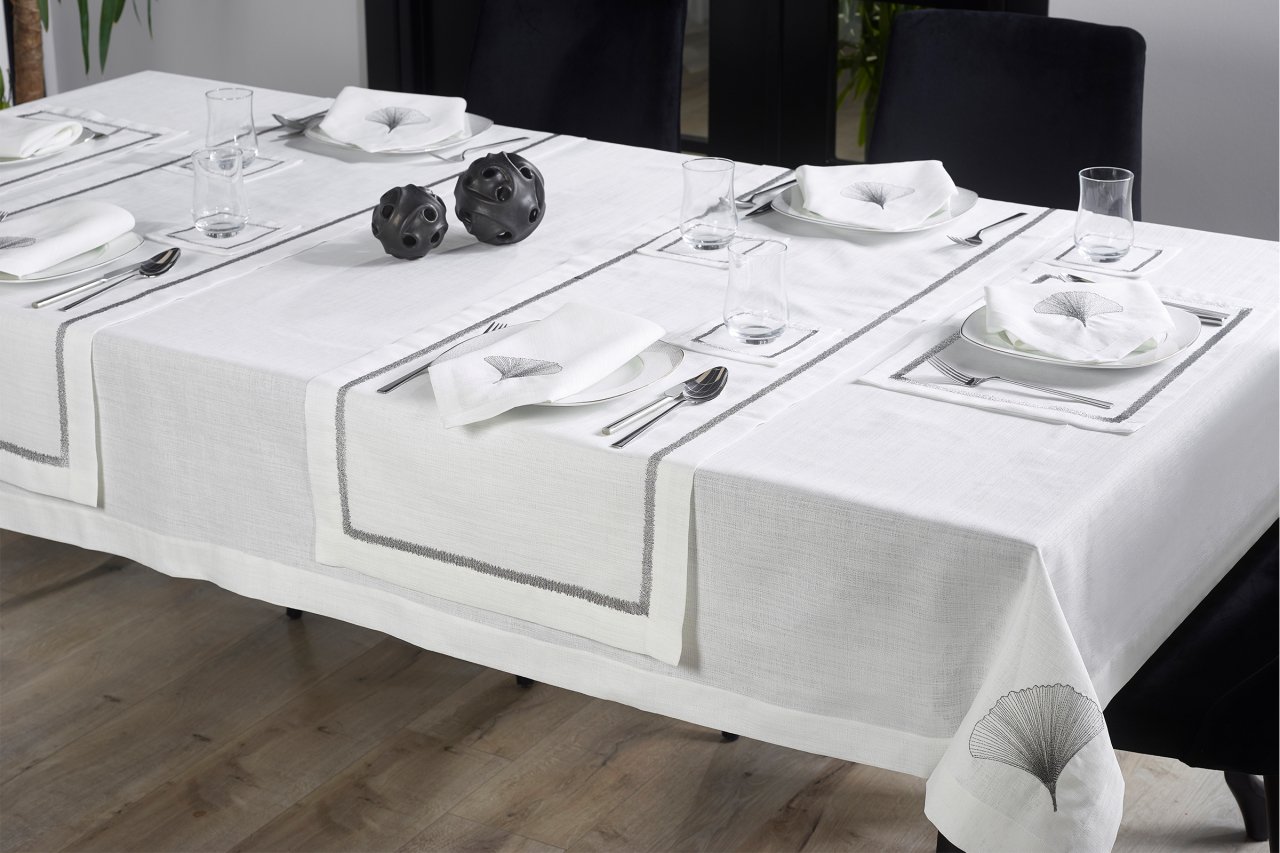 17 PARÇA MASA ÖRTÜSÜ SETİ İRİS NAKIŞLI  KETEN EFEKTLİ SİLVER SİM
