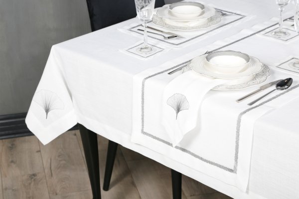 17 PARÇA MASA ÖRTÜSÜ SETİ İRİS NAKIŞLI  KETEN EFEKTLİ SİLVER SİM