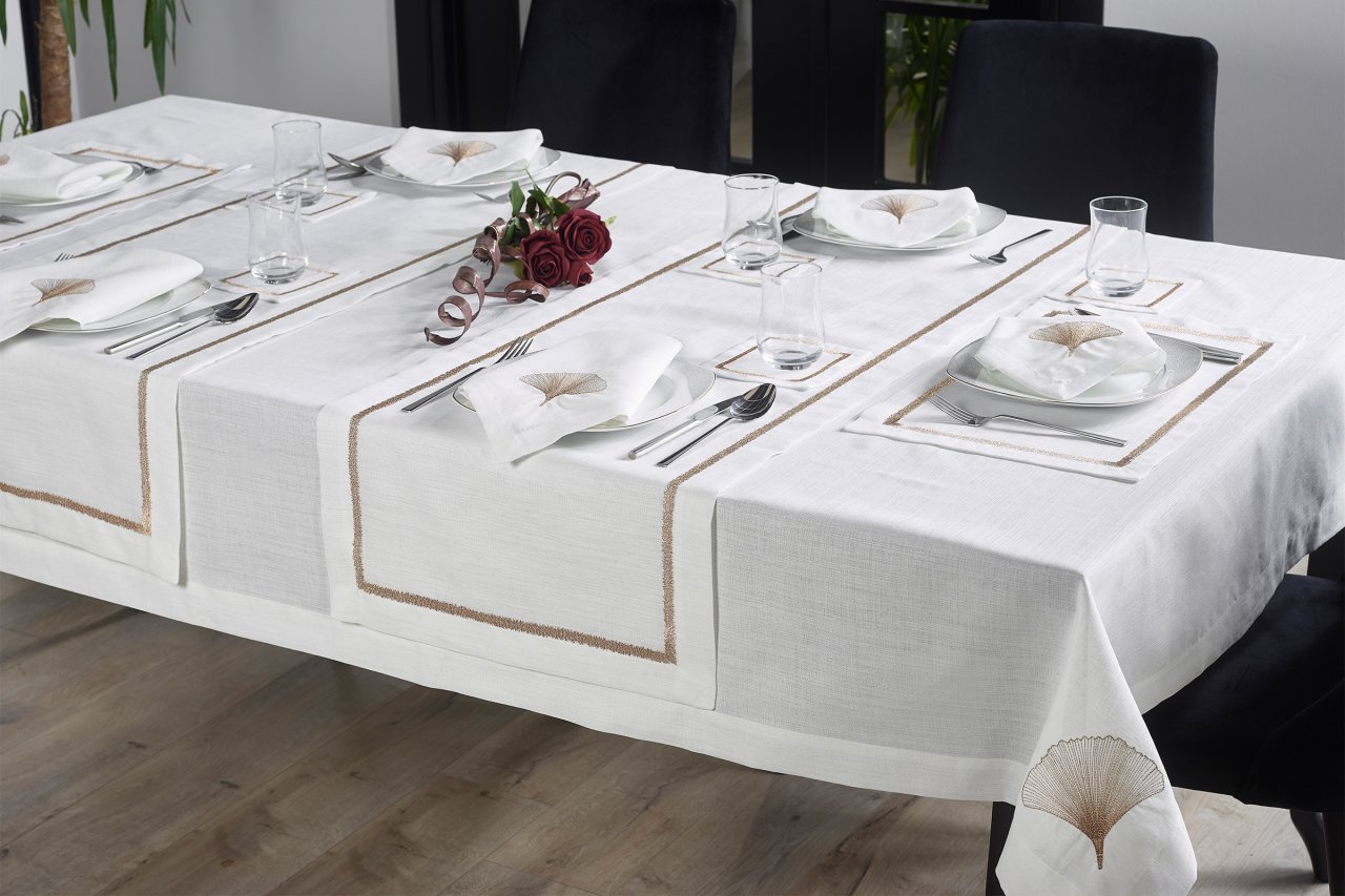 17 PARÇA MASA ÖRTÜSÜ SETİ İRİS NAKIŞLI  KETEN EFEKTLİ BAKIR SİM