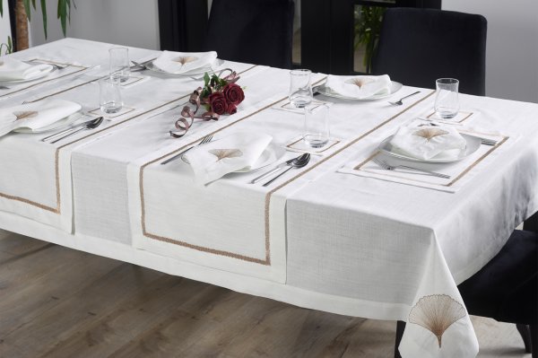 17 PARÇA MASA ÖRTÜSÜ SETİ İRİS NAKIŞLI  KETEN EFEKTLİ BAKIR SİM