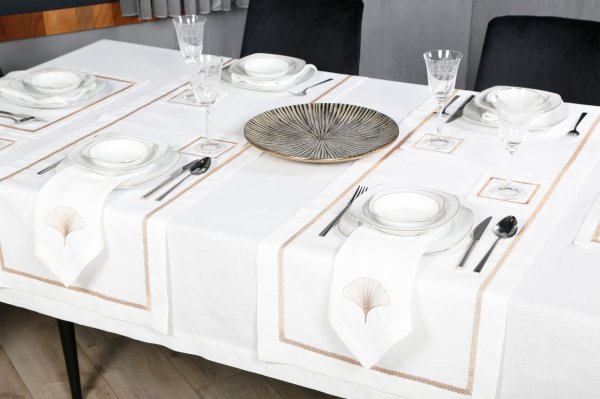 17 PARÇA MASA ÖRTÜSÜ SETİ İRİS NAKIŞLI  KETEN EFEKTLİ BAKIR SİM