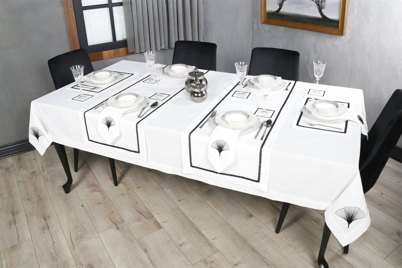 16 PARÇA MASA SETİ  İRİS NAKIŞLI  KETEN EFEKTLİ SİYAH