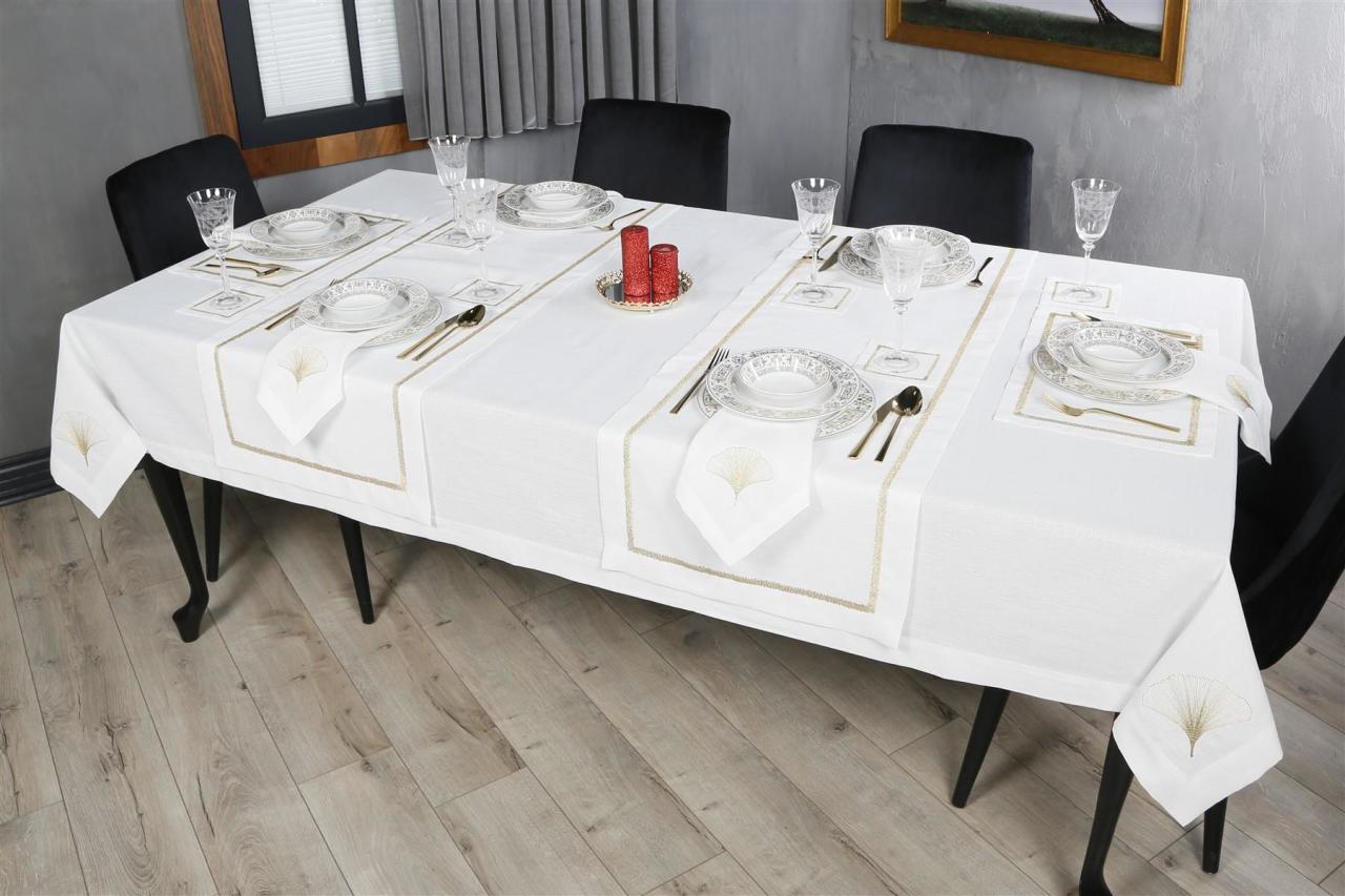 16 PARÇA MASA SETİ  İRİS NAKIŞLI  KETEN EFEKTLİ ALTIN SİM