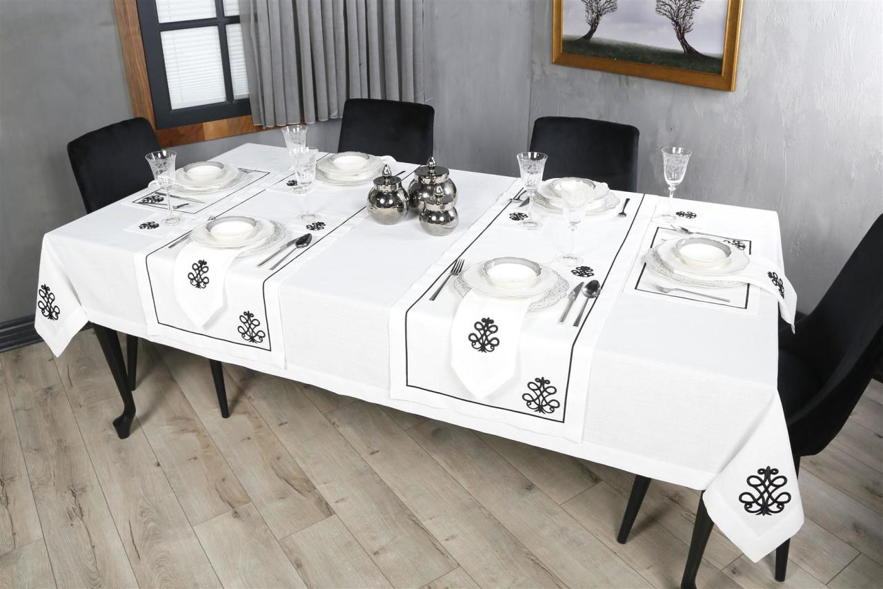 MASA ÖRTÜSÜ  ROYAL NAKIŞLI KETEN EFEKTLİ SİYAH