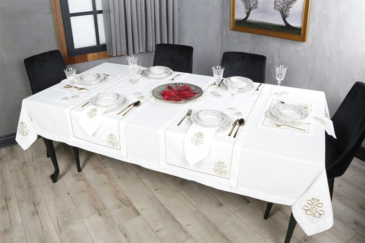 MASA ÖRTÜSÜ  ROYAL NAKIŞLI KETEN EFEKTLİ ALTIN SİM