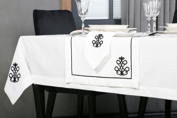 17 PARÇA MASA ÖRTÜSÜ SETİ ROYAL NAKIŞLI  KETEN EFEKTLİ SİYAH
