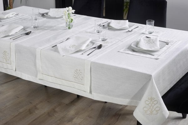 17 PARÇA MASA ÖRTÜSÜ SETİ ROYAL NAKIŞLI  KETEN EFEKTLİ KREM