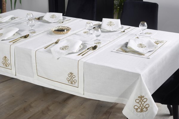 17 PARÇA MASA ÖRTÜSÜ SETİ ROYAL NAKIŞLI  KETEN EFEKTLİ ALTIN SİM
