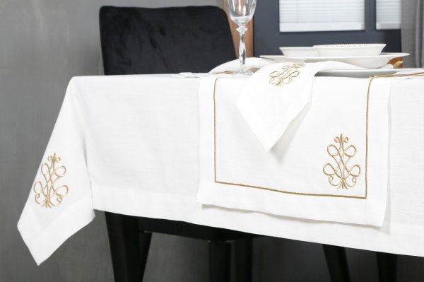 17 PARÇA MASA ÖRTÜSÜ SETİ ROYAL NAKIŞLI  KETEN EFEKTLİ ALTIN SİM