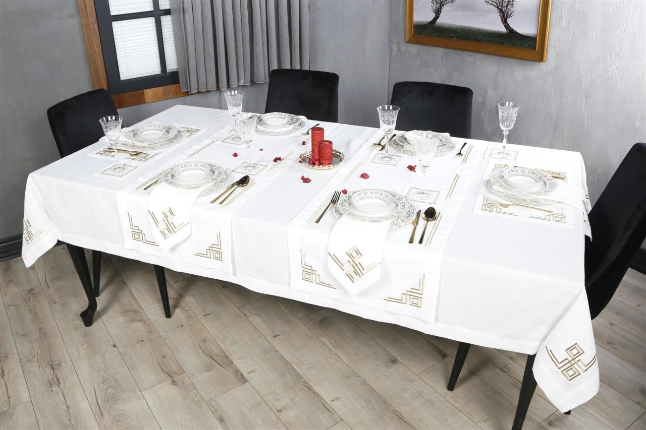 MASA ÖRTÜSÜ   VALERİE NAKIŞLI KETEN EFEKTLİ ALTIN SİM
