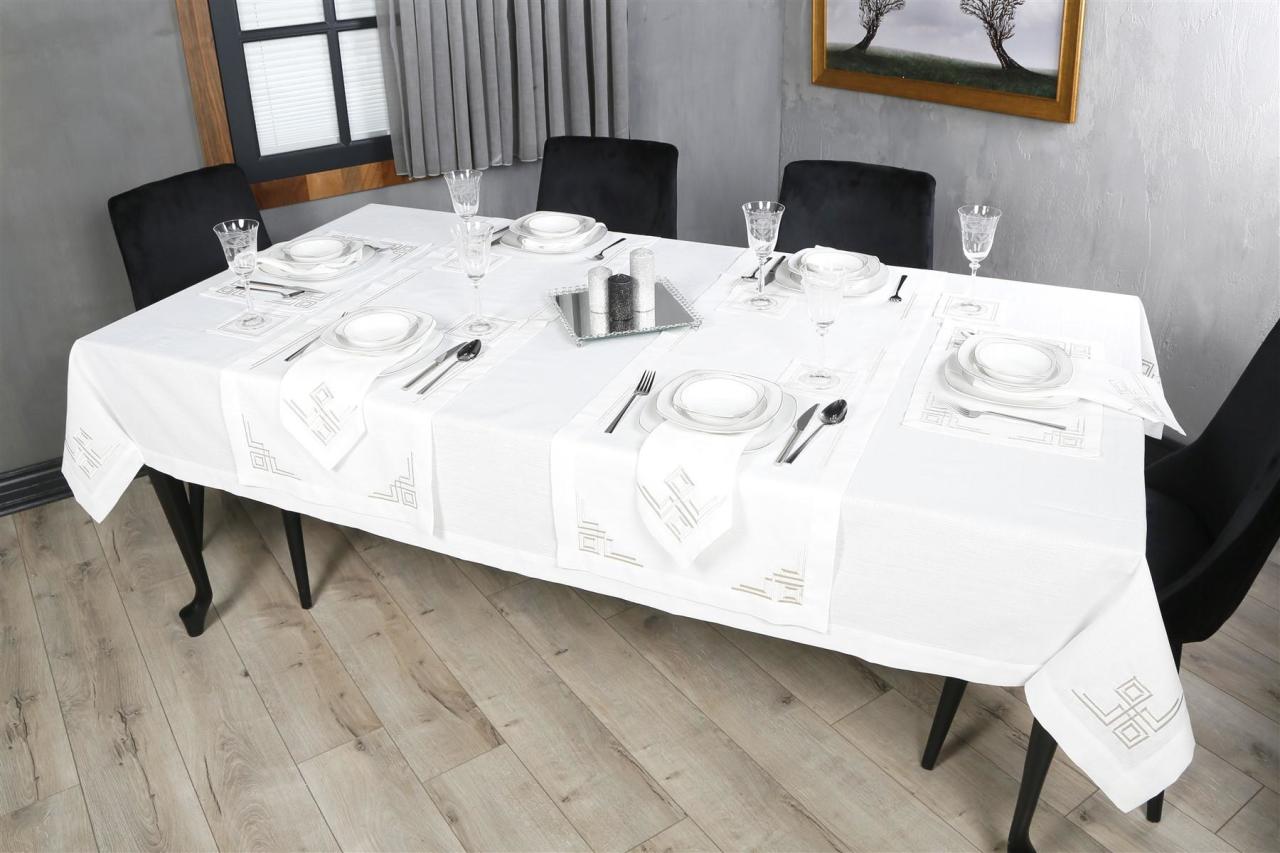 MASA ÖRTÜSÜ   VALERİE NAKIŞLI KETEN EFEKTLİ KREM SİM