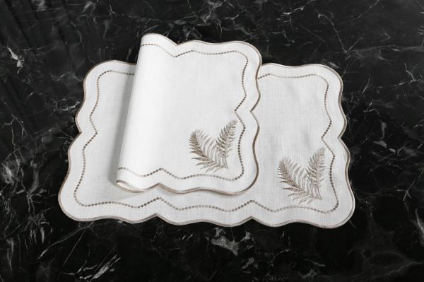 2 Lİ AMERİKAN SERVİSİ YAPRAK NAKIŞLI KETEN EFEKTLİ SİYAH