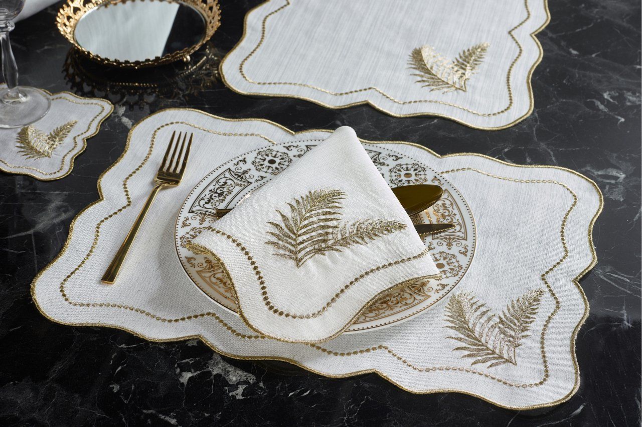 2 Lİ AMERİKAN SERVİSİ YAPRAK NAKIŞLI KETEN EFEKTLİ SİYAH