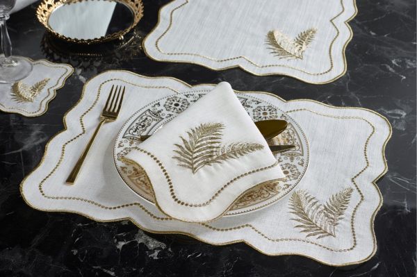 2 Lİ AMERİKAN SERVİSİ YAPRAK NAKIŞLI KETEN EFEKTLİ SİYAH